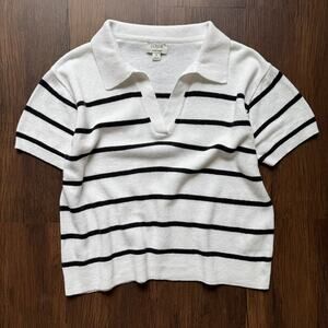 J.Crew Linen Blend Striped Polo Sweater Knit Top White Black Small